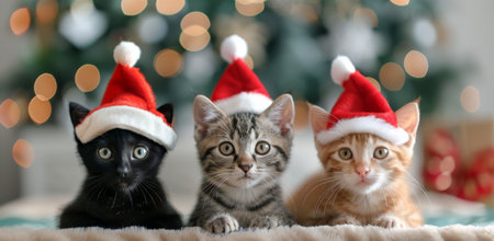 Three adorable kittens, one black, one gray tabby, and one orange, wear festive Santa hats while lounging together. Behind them, a beautifully decorated Christmas tree sparkles with warm lights, creating a joyful atmosphere.の素材