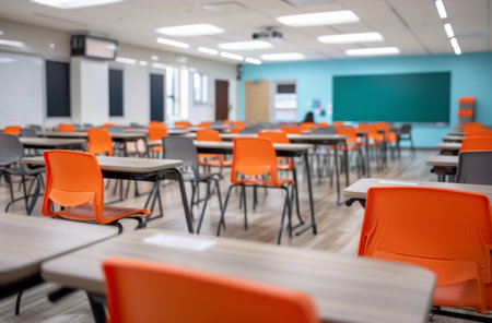 Desks and brightly colored chairs fill an empty classroom, facing a chalkboard. Natural light streams in, creating a welcoming and serene atmosphere perfect for learning.の素材