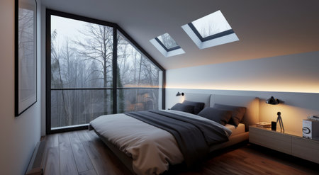A cozy bedroom features a large window that reveals a snowy exterior. Soft bedding and decorative pillows create a comfortable atmosphere, while a minimalist design promotes serenity and relaxation.の素材