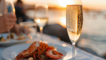 Two glasses of champagne stand beside a seafood platter during a beautiful sunset at the beach, creating a romantic atmosphere. The ocean waves glisten as the sun sets on the horizon.の素材