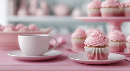 A delightful arrangement of pink cupcakes with swirled frosting is showcased alongside a delicate cup of tea on a soft pink table, creating a charming and inviting dessert setting.の素材