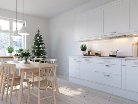 A bright and airy modern kitchen features a well-set dining table, minimalist decor, and a festive Christmas tree, creating a warm and inviting atmosphere perfect for the holiday season.の素材