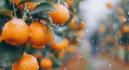 Oranges hang heavily on green branches, glistening with raindrops in a lush orchard under a cloudy sky. The vibrant fruits are surrounded by foliage, creating a refreshing atmosphere.の素材
