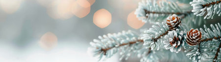 A close-up of frosted pine branches adorned with pinecones, set against a blurred background of soft, warm lights, capturing the essence of winter's beauty and tranquility.の素材