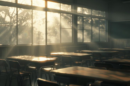 Sunlight fills an empty classroom, illuminating desks and creating a serene atmosphere. The warm light adds a peaceful ambiance to the sparse room, where shadows dance across the floors in the afternoon glow.の素材