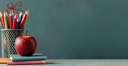 A fresh red apple sits atop a stack of notebooks beside a container filled with various colored pencils, set against a calming green background, conveying a creative and scholarly atmosphere.の素材