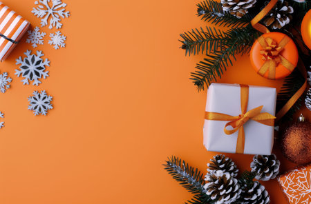 Colorful holiday decorations featuring orange presents, silver and orange ornaments, and pine branches arranged beautifully on a vibrant orange backdrop.の素材
