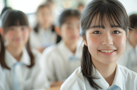 A cheerful student is smiling at the camera while sitting at a desk in a classroom. Classmates are visible in the background, engaged and attentive, creating a lively and friendly learning environment.の素材