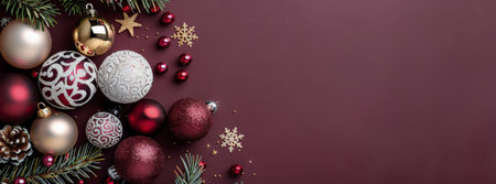 A collection of vibrant Christmas ornaments, including red, silver, and gold, is arranged with pinecones and greenery against a dark background, creating a festive atmosphere for the holiday season.の素材