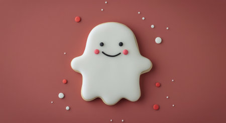 A cheerful ghost-shaped cookie features a smiling face with rosy cheeks, surrounded by colorful sprinkles on a vibrant red background, perfect for festive celebrations.の素材