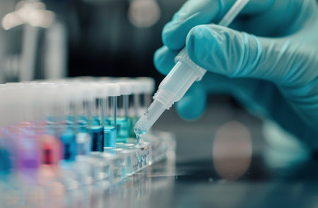 A laboratory technician wearing gloves carefully transfers liquid with a pipette and handles swabs, preparing for tests in a clinical setting. The technician focuses on accuracy in sample collection.の素材