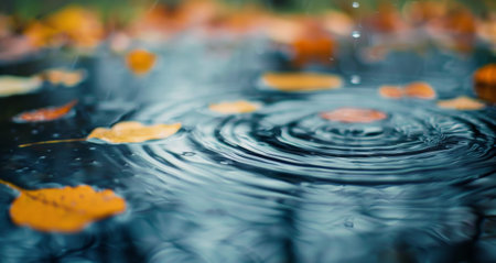 Orange leaves gently drift on a tranquil water surface, creating ripples in the cool autumn setting. The peaceful scene captures the essence of fall as leaves sink slowly into the depths below.の素材
