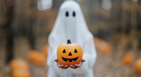 A child in a ghost costume stands outdoors, holding a brightly lit Halloween pumpkin with a cheerful face. Soft lights illuminate the background, creating a festive atmosphere during the evening.の素材