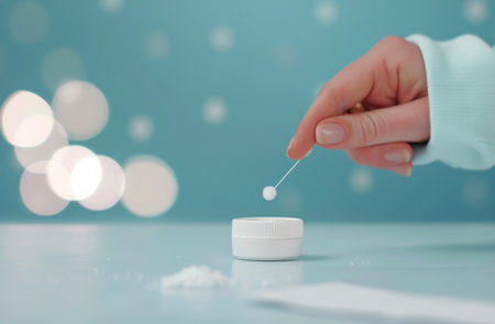 A hand delicately holds a cotton swab, balancing a small ball on its tip. The soft blue background is accented by gentle bokeh lights, adding a whimsical touch to the crafting activity.の素材