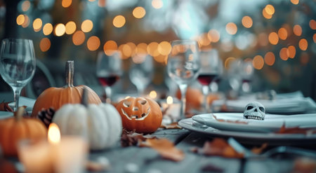 A beautifully arranged table features seasonal decor with pumpkins, candles, and fine dining ware, illuminated by soft, warm lights, creating a cozy atmosphere for an autumn celebration.の素材