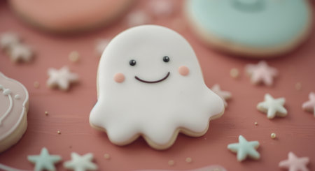 A cheerful ghost-shaped cookie features a smiling face with rosy cheeks, surrounded by colorful sprinkles on a vibrant red background, perfect for festive celebrations.の素材