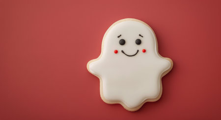 A cheerful ghost-shaped cookie features a smiling face with rosy cheeks, surrounded by colorful sprinkles on a vibrant red background, perfect for festive celebrations.の素材