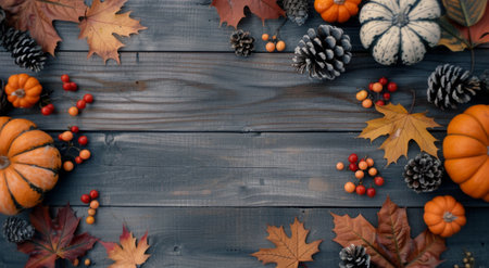 A vibrant arrangement of orange and gray pumpkins, seasonal gourds, and colorful leaves sits atop a rustic wooden surface, celebrating the beauty of autumn with rich fall hues.の素材