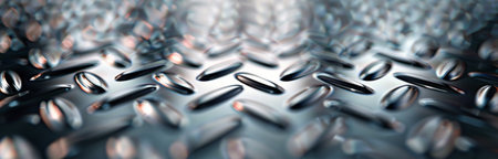 A textured metal surface features a diamond pattern, showcasing reflections and highlights under soft, dim lighting. The design creates an intricate play of light and shadow, emphasizing the material's industrial aesthetic.の素材