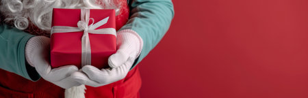 A jolly figure wearing a colorful Santa suit presents a neatly wrapped red gift with a silver ribbon, set against a vibrant red backdrop, spreading holiday cheer.の素材