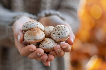 A pair of hands presents a collection of freshly foraged mushrooms, showing their unique textures and colors against a warm, blurred autumn backdrop.の素材