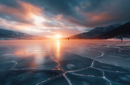 A breathtaking sunset casts warm colors over a frozen lake, revealing intricate cracks in the ice. Majestic mountains stand tall in the background, creating a stunning contrast against the colorful sky.の素材