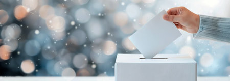A hand places a blank ballot into a ballot box, symbolizing civic engagement and the voting process on election day, set against a neutral background.の素材