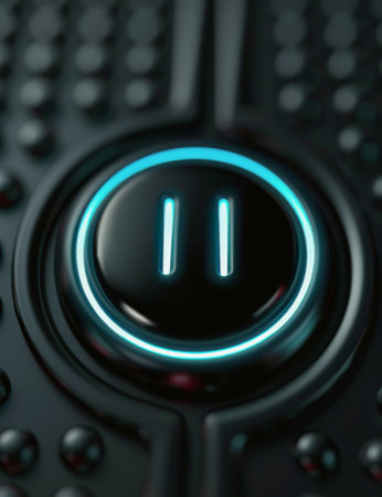 A sleek control button with a glowing circular design prominently displays the number zero at its center, set against a dark textured background. The illuminated edges create a modern, high-tech appearance.の素材