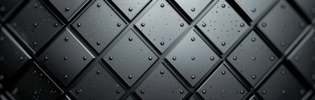 A detailed view of a patterned metal surface adorned with raindrops, reflecting light during sunset, showing the interplay of texture and nature in an urban setting.の素材