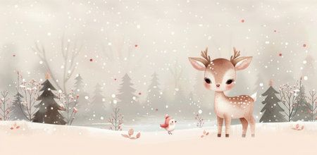 A whimsical cartoon deer stands cheerfully in a snowy winter landscape, surrounded by evergreen trees and softly falling snowflakes, while a red bird perches nearby, enhancing the serene atmosphere.の素材