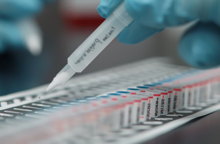 A laboratory technician wearing gloves carefully transfers liquid with a pipette and handles swabs, preparing for tests in a clinical setting. The technician focuses on accuracy in sample collection.の素材