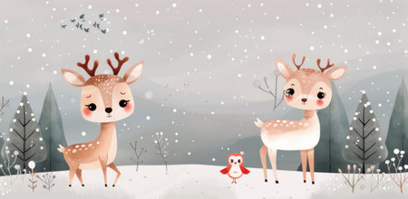 A whimsical cartoon deer stands cheerfully in a snowy winter landscape, surrounded by evergreen trees and softly falling snowflakes, while a red bird perches nearby, enhancing the serene atmosphere.の素材