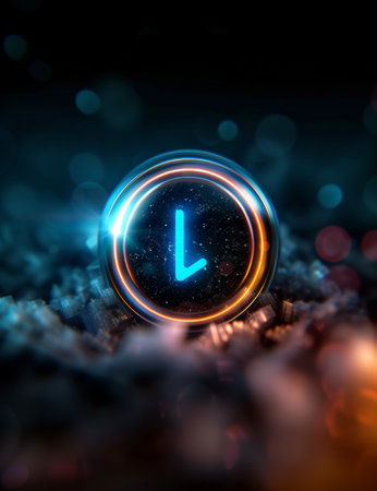 A glowing circular button with a vibrant blue accent stands out against a dark background filled with colorful bokeh lights, creating a futuristic atmosphere.の素材