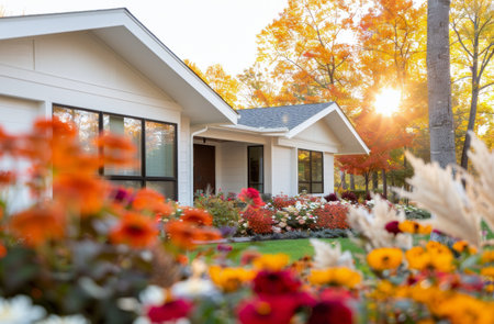 A sleek modern home with large windows is nestled among vibrant autumn gardens filled with colorful flowers. The warm light of sunset casts a golden glow on the scene, enhancing the beauty of nature and architecture.の素材