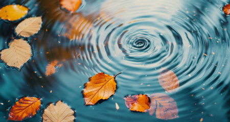 Colorful autumn leaves drift on the surface of still water, creating ripples as raindrops fall, presenting a tranquil yet dynamic interplay between nature's elements on a rainy afternoon.の素材
