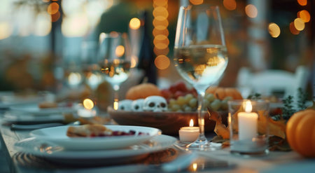 A beautifully arranged table features seasonal decor with pumpkins, candles, and fine dining ware, illuminated by soft, warm lights, creating a cozy atmosphere for an autumn celebration.の素材