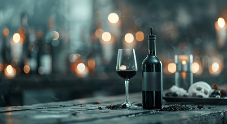 A vibrant Halloween celebration featuring delicious treats, red wine in elegant glasses, and a decorative bottle with a skull design. The table is adorned with pumpkins and colorful candies, creating a festive atmosphere.の素材