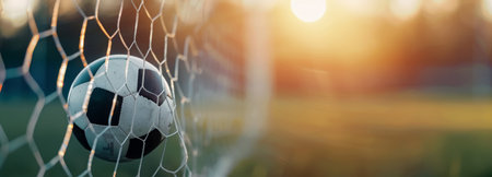 A black and white soccer ball is caught in the goal net as the sun sets in the background, casting a warm glow over the outdoor field, highlighting the excitement of the game.の素材