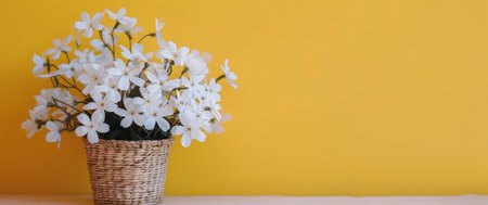 A woven basket filled with delicate white flowers sits on a surface, with a soft warm yellow background enhancing the tranquil atmosphere.の素材