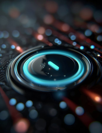 A glowing circular button with a vibrant blue accent stands out against a dark background filled with colorful bokeh lights, creating a futuristic atmosphere.の素材