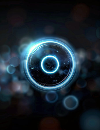 A glowing circular button with a vibrant blue accent stands out against a dark background filled with colorful bokeh lights, creating a futuristic atmosphere.の素材