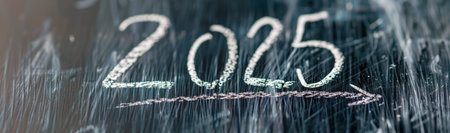 A chalkboard displays the year 2025, symbolizing future aspirations. The board rests on a rustic wooden surface, creating a background that emphasizes the theme of planning and looking ahead.の素材