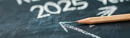 A chalkboard displays the year 2025, symbolizing future aspirations. The board rests on a rustic wooden surface, creating a background that emphasizes the theme of planning and looking ahead.の素材