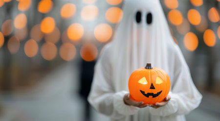A child in a ghost costume stands outdoors, holding a brightly lit Halloween pumpkin with a cheerful face. Soft lights illuminate the background, creating a festive atmosphere during the evening.の素材