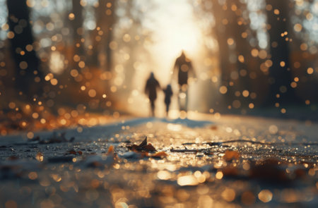 A family strolls hand in hand along a park path covered in colorful autumn leaves, as sunlight filters through the trees, creating a warm, inviting atmosphere.の素材