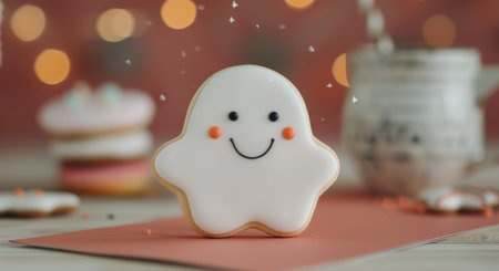 A cheerful ghost-shaped cookie features a smiling face with rosy cheeks, surrounded by colorful sprinkles on a vibrant red background, perfect for festive celebrations.の素材