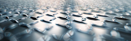 A textured metal surface features a diamond pattern, showcasing reflections and highlights under soft, dim lighting. The design creates an intricate play of light and shadow, emphasizing the material's industrial aesthetic.の素材