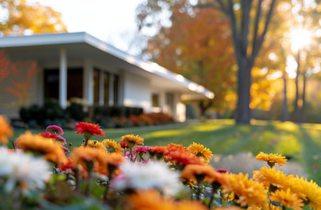 A sleek modern home with large windows is nestled among vibrant autumn gardens filled with colorful flowers. The warm light of sunset casts a golden glow on the scene, enhancing the beauty of nature and architecture.の素材
