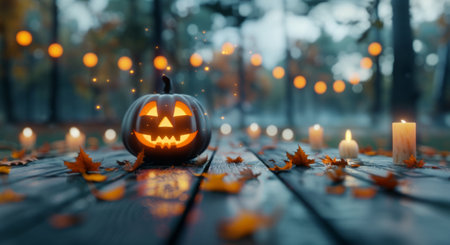 A carved pumpkin with a cheerful face glows as it sits amongst colorful autumn leaves and flickering candles, creating a warm and festive atmosphere during an evening in fall.の素材