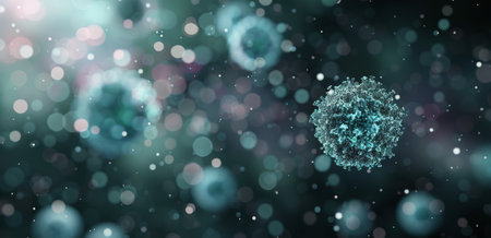 A close-up view reveals various viruses suspended in a dark environment, illuminated by glowing particles, showing the intricate structure and dynamic motion typical of viral images in biological research.の素材